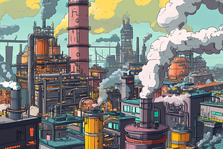 A colourful cartoon of an industrial landscape. Factories with chimneys belching smoke, strething to the horizon.