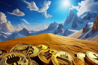 Imaginary mountain landscape with Bitcoin in the foreground.