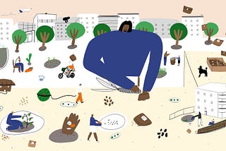 Illustration of Esiah picking kernels off a corn cob and placing them into brown envelopes. A green cityscape unfolds behind.