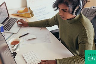 An engineer attends virtual meetings with her team from her home office.