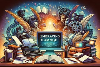 A wide banner illustration for a Medium article about embracing homage in creative writing. The illustration features a blend of classical and modern storytelling elements, with a backdrop of iconic literature and film symbols like an open book, a quill, a movie reel, and a futuristic hologram. In the foreground, an author’s desk with scattered notes, a typewriter, and a computer symbolizes the fusion of past and present in the creative process. Warm, inviting colors convey inspiration and creat