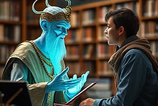 Genie conversing with a student, image courtesy: https://deepai.org/machine-learning-model/text2img