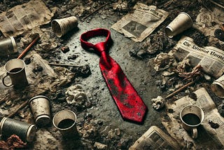 Image shows a filthy red tie on the ground among strewn trash bits, old newspapers and used coffee cups.