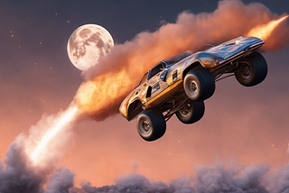 a retro race car in vertical take-off from a nasa launch site, in mid-air, pointing upward toward the moon with firework exhaust, in a hyperrealistic cloudy sunset
