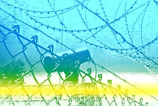 A CCTV camera positioned behind a barbed wire fence overlayed with a blue, yellow, and white filter