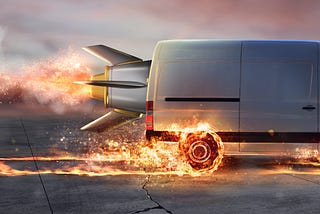 An image of a delivery van going so fast its wheels are on fire.