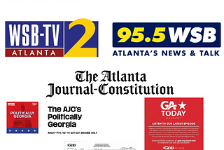 A montage of logos or images for several Cox Enterprises owned or affiliated media outlets in Atlanta. They include logos for Cox Media Group, Axios, WSB-TV, WSB radio, the Atlanta Journal-Constitution, The AJC’s Politically Georgia on WABE, GA Today on GPB featuring an AJC reporter as guest, and a trade advertising agreement between GPB and the AJC.