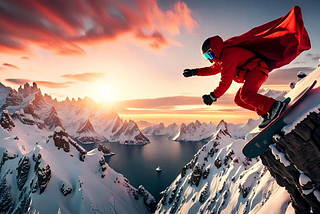 Skier in a red outfit going down a steep slope among some icy mountains, with the Sun rising or setting in the background.