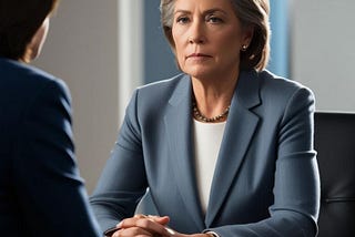 Two women sitting across a desk, one of them very serious