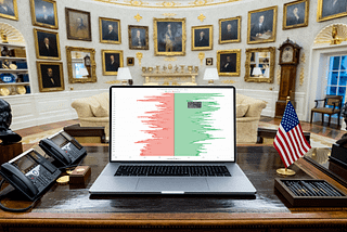 JavaScript vertical area chart showing U.S. presidential approval ratings on a laptop screen in the Oval Office