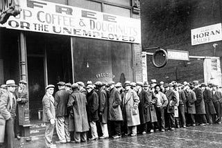 Crowd gathering outside a soup kitchen for free coffee and food during great depression