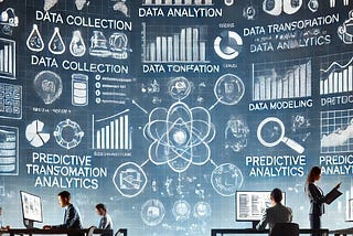 Here’s a visually engaging image that represents the various stages of data analysis and data analytics, highlighting the processes from data collection to interpretation, and including elements of predictive and prescriptive analytics. The setting captures a modern, tech-savvy feel with people interacting with data on screens.