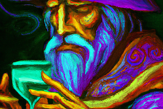 Bright painting of a wizard holding an hourglass