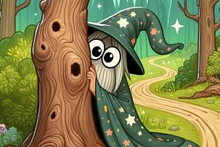 A wizard hiding behind a tree