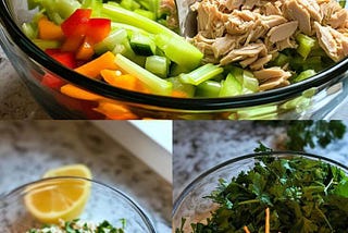 Nutrition facts for tuna salad no mayo with tuna, carrots, celery, parsley, and lemon in glass bowls.