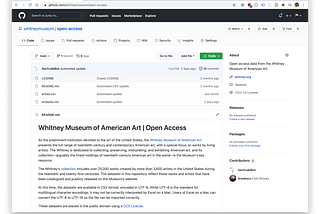 Screenshot of GitHub webpage showing the files and description of the open access content released by the museum