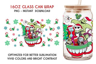 Christmas Can Glass Wrap, Cartoon Christmas 16oz, Libbey Glass Can, Christmas Vibes. Nightmare Before, Christmas Png, Tumbler Wrap, Png