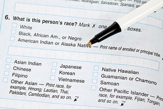 This is an image of the 2020 US Census form, showing the ‘race’ question. It highlights the issue of white status threat discussed in the article.