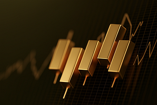 Gold candlestick bars on a dark chart background symbolising the concept of pricing stock market performance in gold, not dollars.