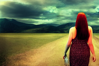 Curvy woman with long red hair walking on a light path into the unknown