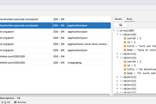 Screenshot of niddler plugin window showing requests and responses in timeline view with response details showing json