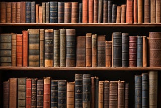 Bookshelf filled with dusty, antique books.