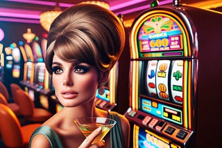 A beautiful woman in 60s dress sips a Martini on front of a slot machine