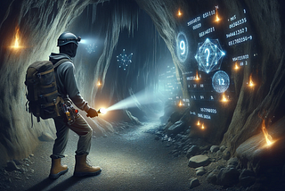 An image of a data scientist who is exploring a cave and searching for hidden data treasures.
