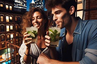 Alex and Maya are drinking cuban mojito mint cocktails on their balcony overlooking the city lights