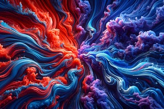 An imaginative abstract depiction of the battle between Omega Indexer and Indexceptional using the theme of liquid art