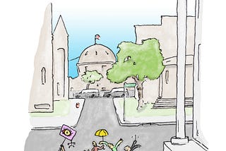 Here we have a drawing of a DC location & a gathering of arty types, like I pretend to be, demonstrating against the gov’t. No one notices…