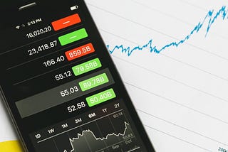 A mobile screen with stock tickers sitting on another screen depicting time interval movement of the financial security.