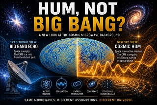 A cinematic science-themed poster titled “Hum, Not Big Bang?” comparing two interpretations of the Cosmic Microwave Background. The left side shows a blue-toned “Big Bang Echo” concept with a radio telescope and microwave sky map, while the right side presents a golden “Cosmic Hum” interpretation featuring glowing oscillation waves, galaxies, and active medium graphics. The design uses dramatic cosmic imagery and bold typography to create curiosity about the origins of the universe.