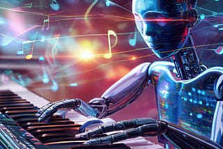 Artistic representation of ChatGPT (shown as a humanoid robot) composing music on a piano