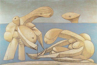Two women playing on the beach, featuring abstract forms and bold, expressive lines.