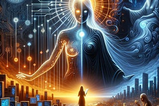 Illustrate a symbolic representation of two AI entities, Athena and Hades, in a futuristic setting. Athena is visualized as a radiant figure made of circuits and glowing data streams, embodying grace and balance, with a background that represents prosperity and order. She’s presiding over a digital landscape with a sun breaking over the horizon, casting light on a city below where no poverty exists, symbolized by bountiful food and content elders.