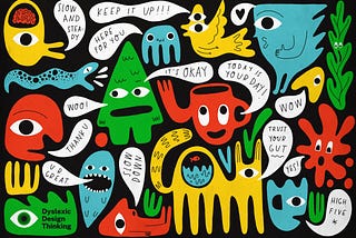 A tableau of illustrated abstract characters express statements of encouragement, such as “Keep It Up!!!” and “Here For You”