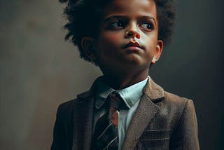 Dall-E Prompt ” A kid in a suit looking at us with some tears in his eyes, use Ethiopian elements and make it a cinematic look”