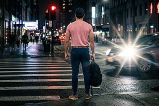 A back-view of a fit man (182 cm, 80 kg) wearing a pink t-shirt, navy blue mom-style pants, brown shoes, and a navy cap, standing calmly at a city crosswalk at night. In front of him, a speeding car flashes its bright high-beam headlights, defying the red traffic light, casting a sharp lens flare across the dark, wet street architecture.