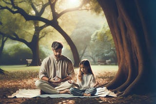 Mia and her dad practicing mindfulness in the park.