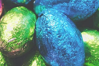 Egg shaped chocolate candies wrapped in colorful foil