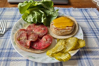 This is a chicken burger on a plate with tomatoes, pickles and lettue