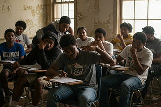 AI-Generated image of Black students in a school in need of significant rennovation and update