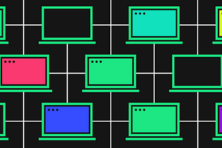 Multicolored, interconnected, computer displays.