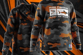 Baby hoody shirt fishing wear camouflage-Auspicious clouds camouflage fishing shirts with white rise fishing text, rise logo, white meet the ocean text, a big shark print, gray and orange, cute, aesthetic, in style, design nice