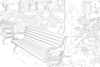 A sketch of benches in a park.