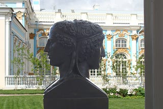 The 18th century bust of Two-faced Janus (Ianus Bifrons) in silhouette at the Cameron’s Gallery in Tsarskoye Selo.