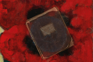 Painting of a poppy with an old book in the middle.