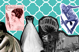 Photo collage of Audrey Munson, Cosmopolitan magazine cover, wedding dress, Las Vegas, Skateboarder