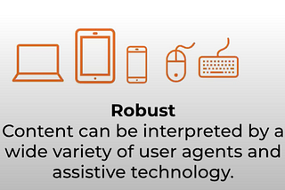 Orange outlined images of different devices like computers, tablets, phones, mouse and keyboard. Under these images is in black text Robust, Content can be interpreted by a wide cariety of user agents and assistive technology.
